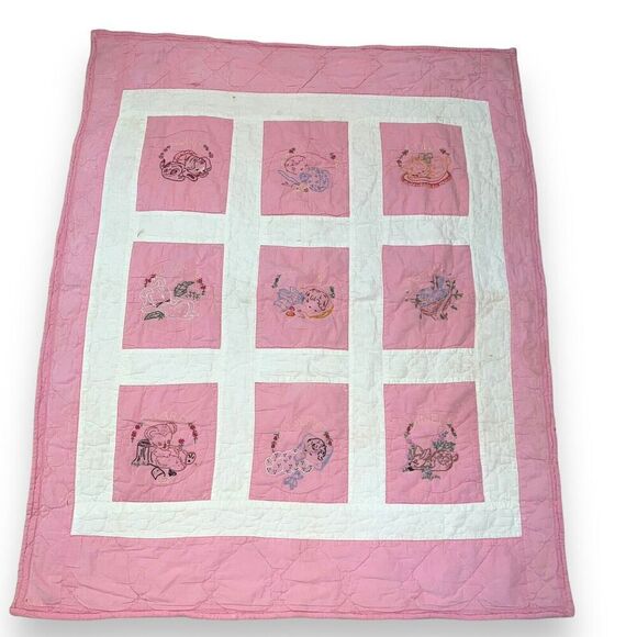 Vintage Baby Quilt Embroidered Goodnight Prayer Lay Me Down to Sleep 40” x 51” - Picture 1 of 16